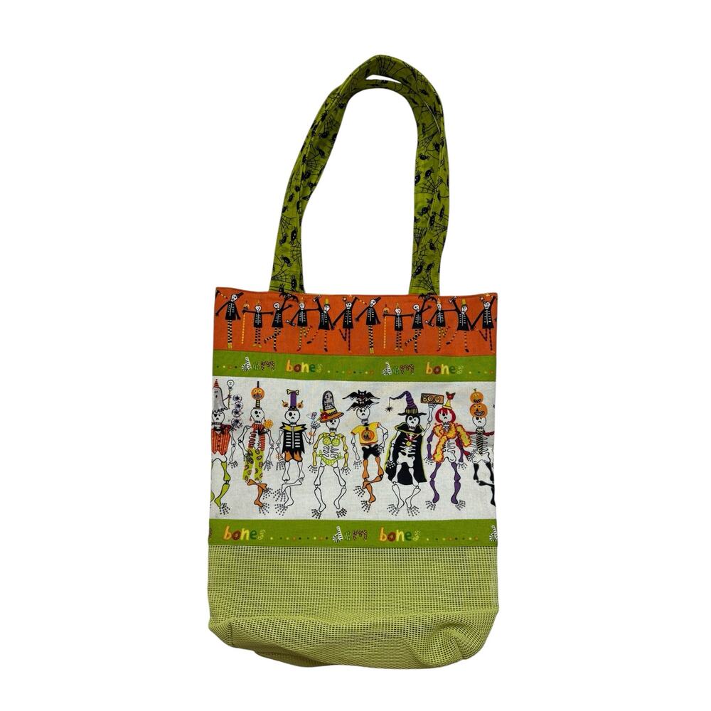 Handmade Halloween Silly Skeleton Dem Bones Tote Bag Mesh Green Orange Black
